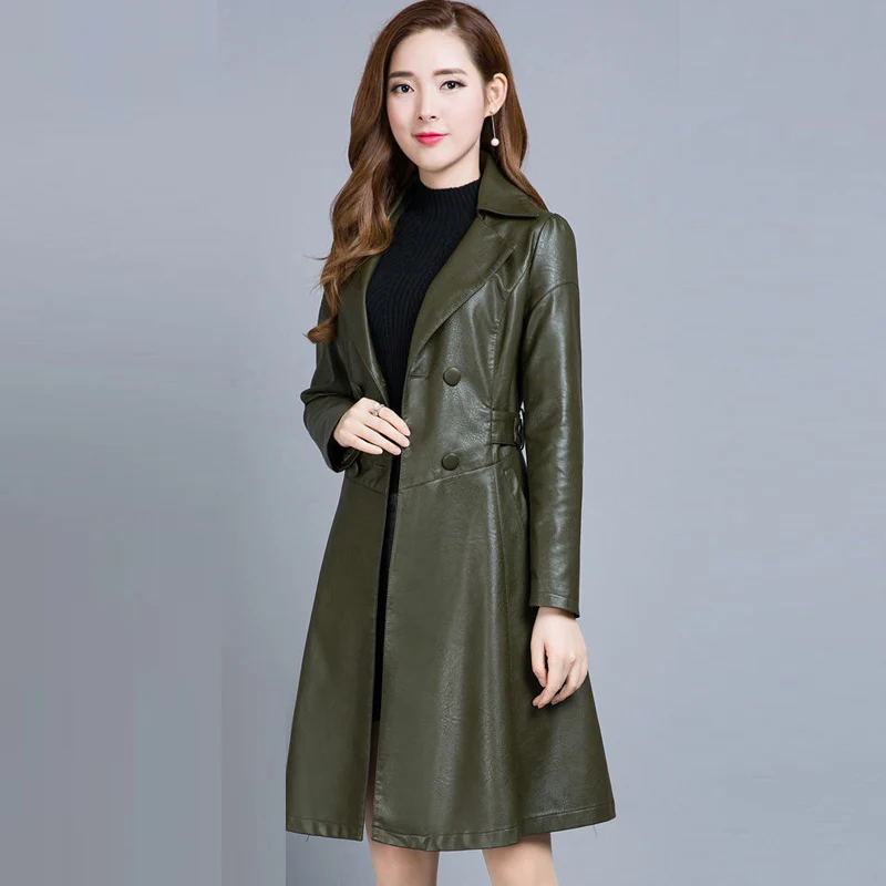 Осень весна женский s тонкий зеленый черный PU кожаный жакет пальто, женский костюм воротник 3xl длинные пальто и куртки
