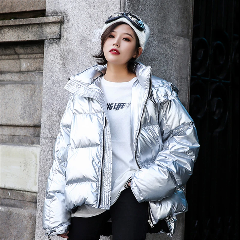 

Plus Size Winter Fashion Glossy Down Cotton Parka Women Warm Short Hooded Parka Mujer Metal Silver Zipper Jacket Women Outerwear