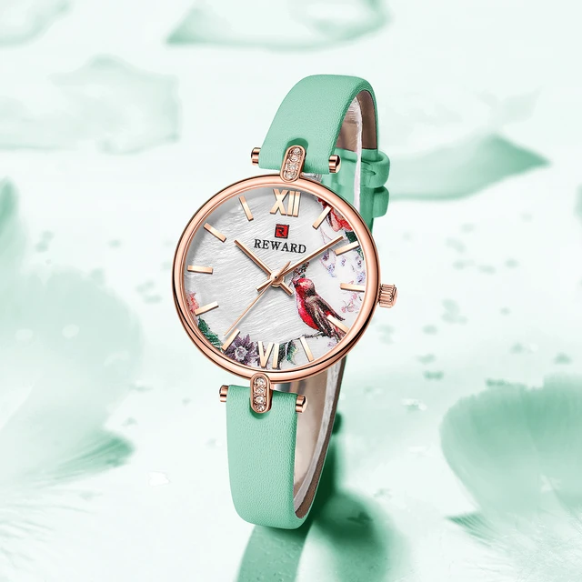 New Reward Casual Vintage Women Wristwatches Japanese Quartz Watch Cheap Ultra Thin Timepiece Leather Wrist Watches for Females Rose Green