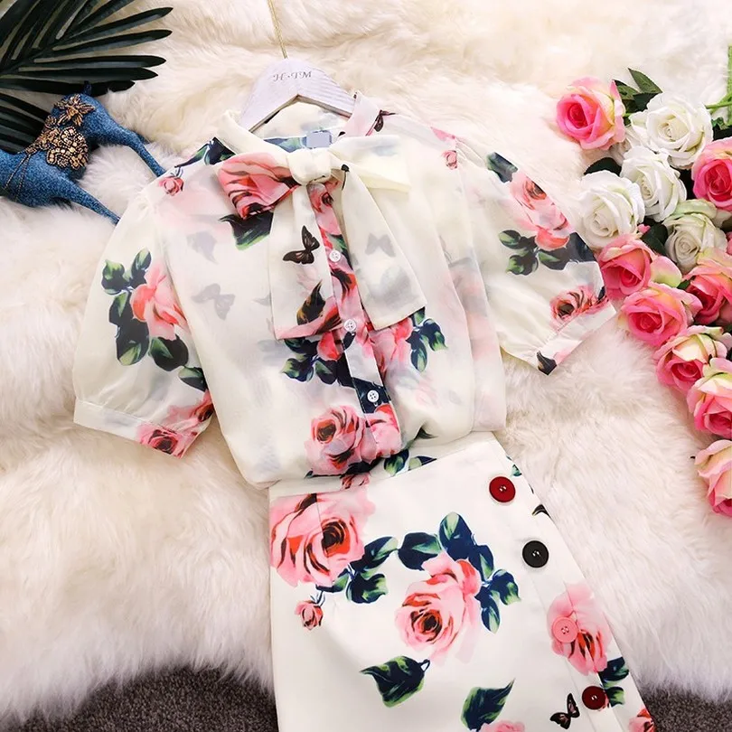 Женский винтажный комплект из 2 предметов шифоновая рубашка с цветочным принтом