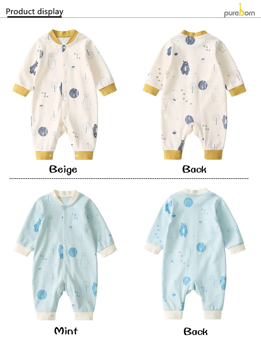 Pureborn Newborn Unisex Baby Jumpsuit Cartoon Bear Cotton Baby Girl Rompers Spring Autumn Clothes Sleep and Play for Baby Boy