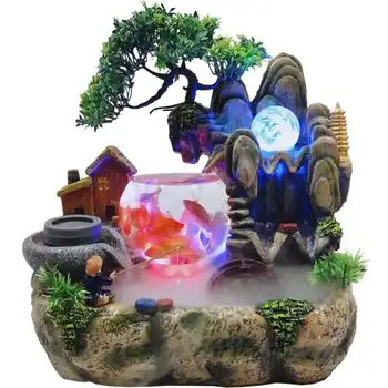 

220V Resin Rockery Flowing Water Fountain Statue Lucky Feng Shui Wheel Office Desktop Ornaments Home Decoration Fish Tank