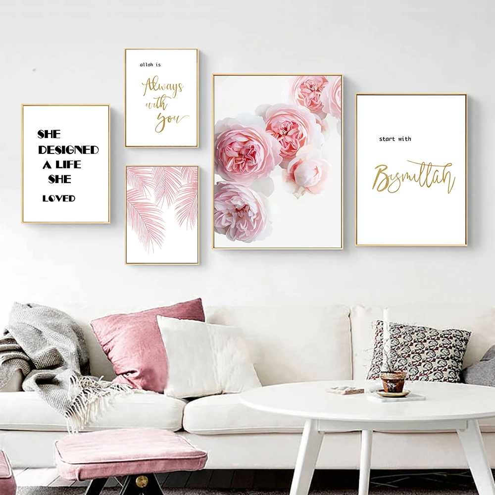

Nordic Poster Wall Art Painting Pink Flower On Canvas Poster Print Gold Letters Picture Modern Girl Room Home Decoration