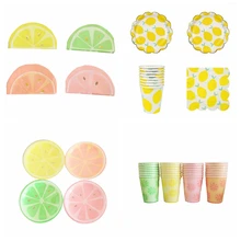 Бумажные кружки, тарелки, салфетки с фруктами, 4 цвета, желтый, розовый, зеленый, лимонный, для дня рождения, вечеринки