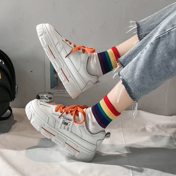 

Women Platform Sneakers Korean Fashion PU Leather Trainers Womens Chunky Sneakers Tenis Female 2020 Spring Lace Up Casual Shoes