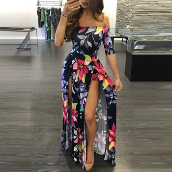 

GAOKE Women Dresses Summer Ankle-Length Long Dress Female Floral Print High Slit Bohemian Maxi Dress Beachwear Lady Vestidos