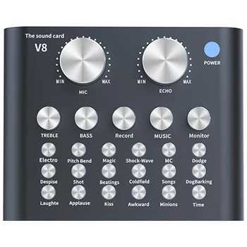 

Dual Channel V8 USB External Sound Card With 12 kinds of electro-acoustic and MC mode DSP audio dual-chip 320MHz main frequency