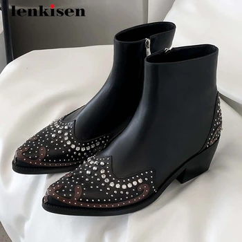 

Lenkisen 2020 winter new boots natural leather rhinestone high fashion pointed toe thick med heel zipper catwalk ankle boots L16