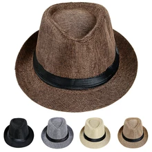 Классический Для мужчин льняная шляпа твердые шляпы с широкими полями Винтаж унисекс Для мужчин Для женщин Панама джазовая, шляпа ковбоя фетровая шляпка шерстяная Шапки Церковь Дерби шляпы с плоским верхом D40