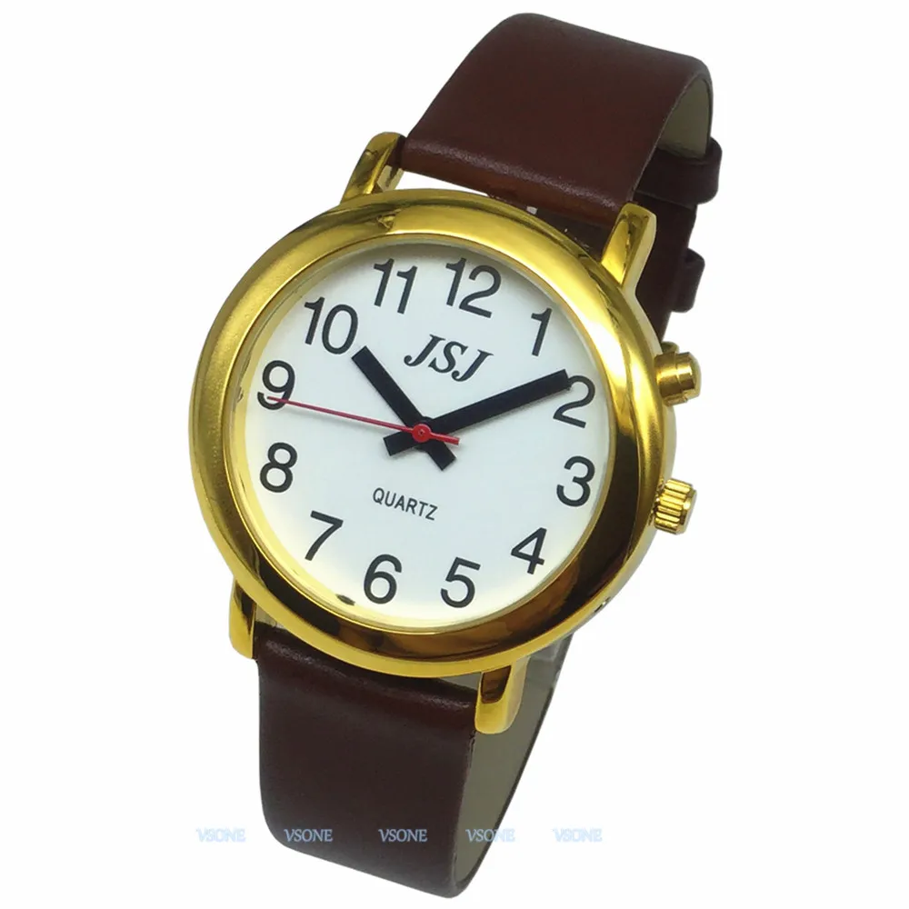 English Talking Watch with Alarm Function, Talking Date and time, White Dial, Brown Leather Band, Golden Case TAG-506 photo