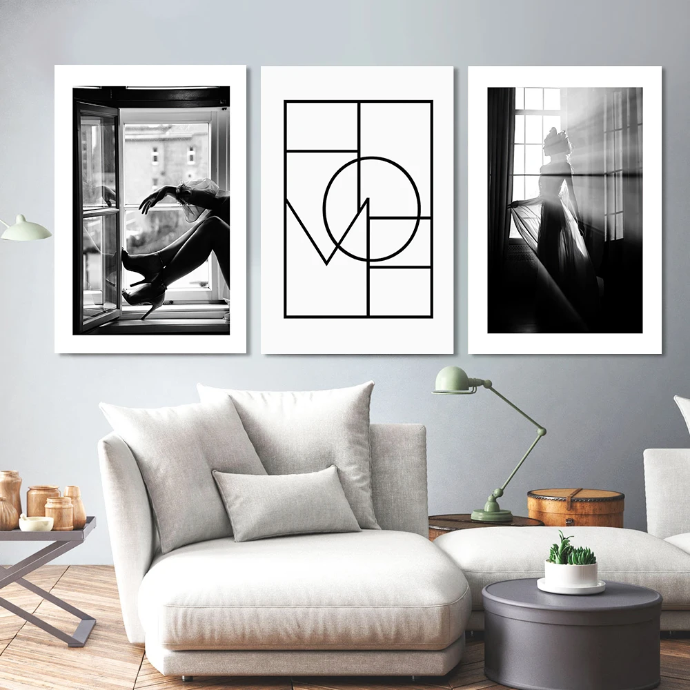 

Black and White Sexy Window Girl Nordic Canvas Painting Fashion Beautiful Woman Posters Wall Art Pictures Living Room Home Decor