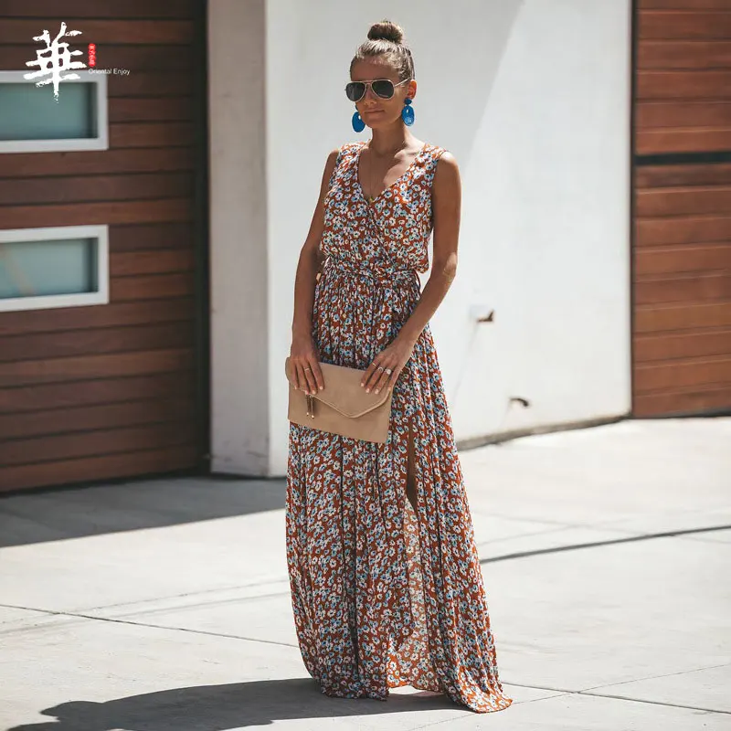 

Small Blossom Print Summer Woman Dress V Neck Off Shoulder Belted High Waist Long Beach Boho Sexy Dresses For Female