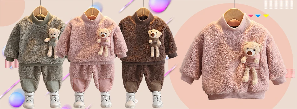 vintage Baby Clothing Set Baby boy clothes autumn and winter thickened warm suit boy girl high neck sweater cartoon cute little bear baby two-piece suit baby clothing set red	