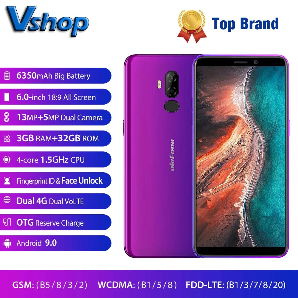 

Ulefone P6000 Plus Android 9.0 6350mAh Smartphone 6.0 Inch 18:9 HD+ MT6739 Ouad Core 3GB 32GB Face ID Mobile phone