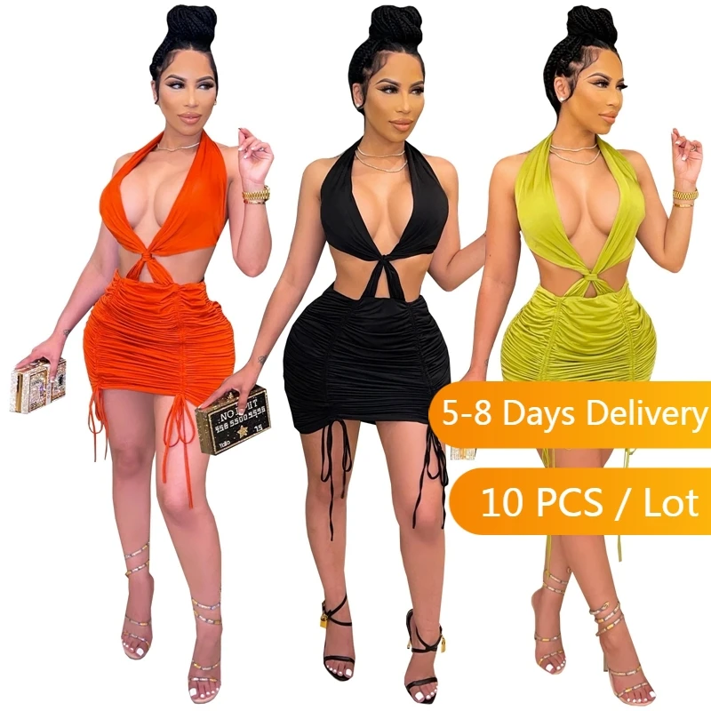 

Bulk Items Wholesale Lots Halter Sexy Dresses for Women 2022 Hollow Out Ruched Mini Dress Summer Backless Bandage Bodycon Dress