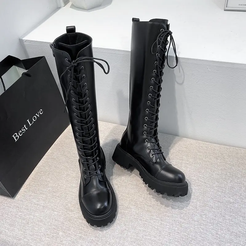 Women Combat Boots Antumn Female High Platform Gothic Shoes Black Leather Boots Lace Up Women Knee High Boots Knee High Boots Aliexpress
