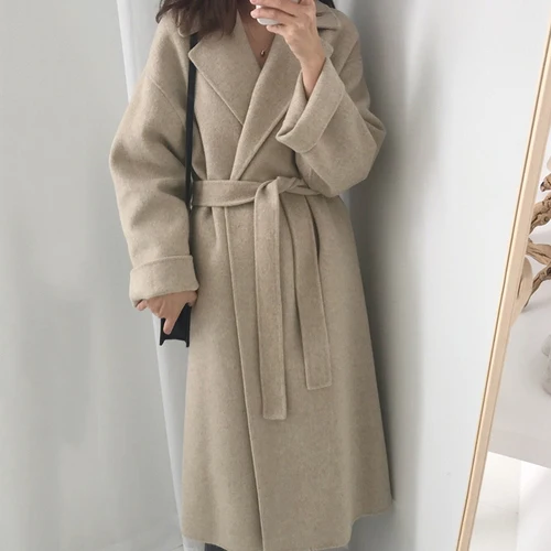 SuperAen новое зимнее шерстяное пальто в Корейском стиле женское Однотонное шерстяное пальто с отворотом Женская Повседневная модная женская одежда - Цвет: Apricot