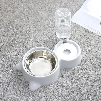 

Puppy Cat Dog Eating Bowl with Water Bottle Water Dispenser Automatic Feeder Double Bowls Pet Food Container 63HF