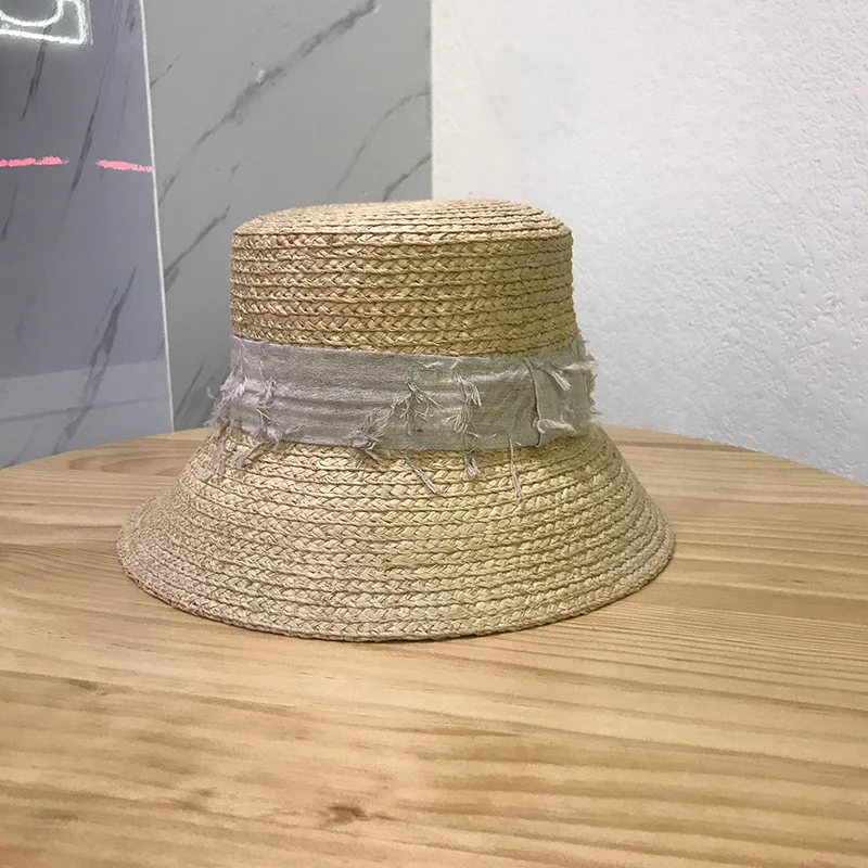 

Japanese-style Retro Flat Roof Plain Color Webbing Raffia Bucket Hat Summer College Style Sun-resistant Straw Hat Women's Foldab