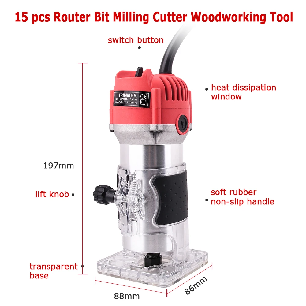

Woodworking Electric Trimmer 800W 30000rpm Wood Milling Engraving Slotting Trimming Machine Hand Carving Machine Wood Router