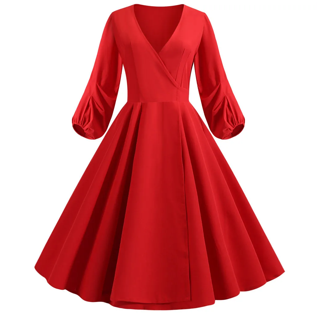 Модное женское однотонное винтажное платье с v-образным вырезом и длинным