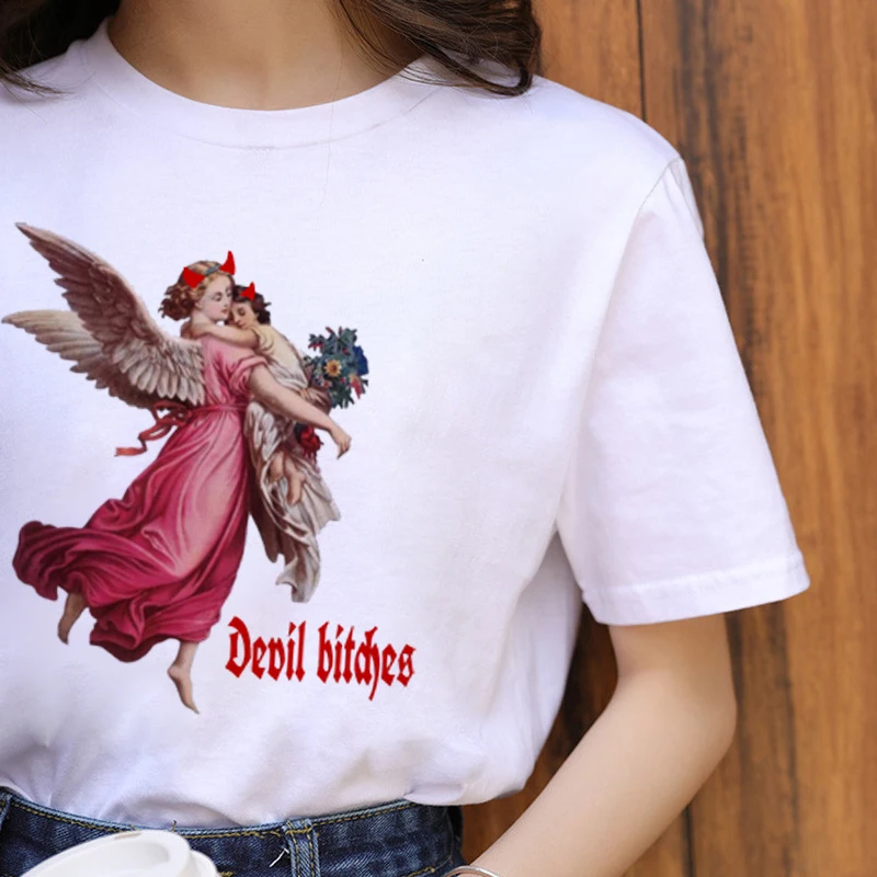 Angel Kawaii Harajuku футболка женская Ullzang Винтажная футболка с ангелами в Корейском стиле 90s Эстетическая футболка гранж Забавный Топ Женская футболка - Цвет: 6827