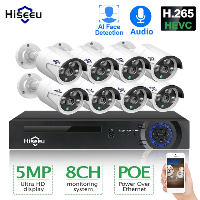 Hiseeu H.265 8CH 5MP POE نظام الكاميرا الأمنية عدة AI الوجه كشف الصوت سجل IP كاميرا IR CCTV المراقبة بالفيديو NVR مجموعة