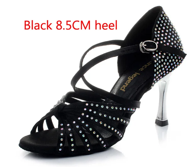 Black 8.5cm Heel Сатиновые стразы на высоком каблуке 8,5 см; обувь для латинских танцев; женская обувь для бальных танцев; сандалии для девочек; Сальса; Танго; цвет черный, темно-коричневый - Цвет: Black 8.5cm Heel