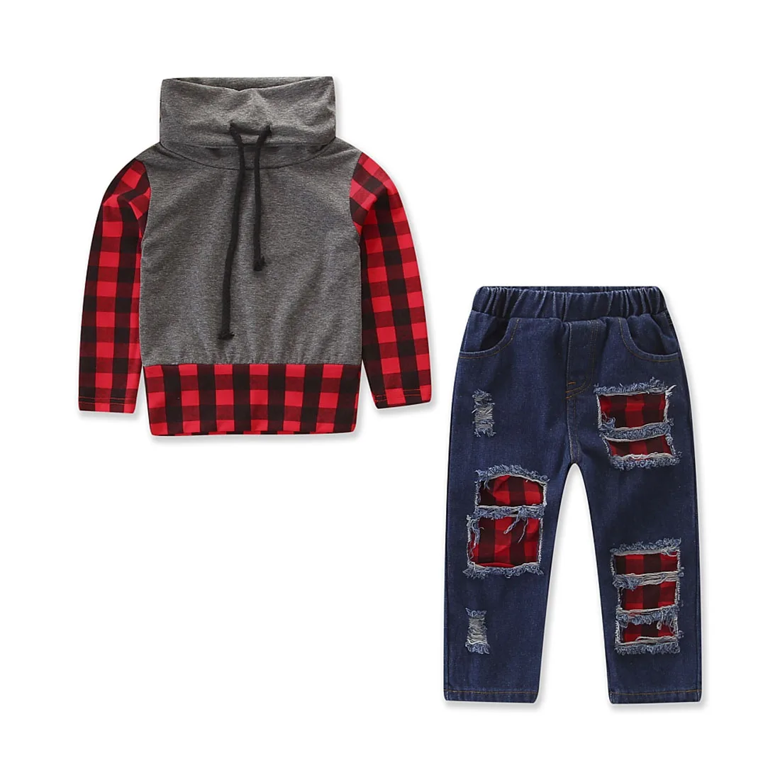

2020 New Fall Autumn 1-6Y Kid Toddler Baby Girl Boy 2Pcs Set Gray Turtleneck Red Plaid Long Sleeve Top+Ripped Denim Pants Jeans