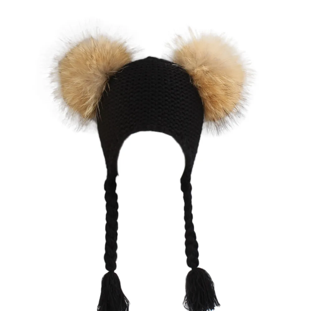 Детская шапка с помпоном из натурального меха, детские зимние вязаные шапки для девочек и мальчиков, Вязаная Шапка-бини с ушками, шапка с двумя помпонами для детей# p7