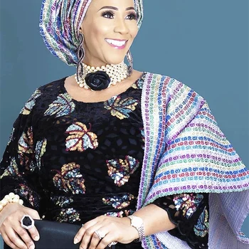 

African velvet Lace Fabric With Multicolor sequence High Quality Hot Sell nigerian Embroidery velvet Lace Fabric For Woman dress