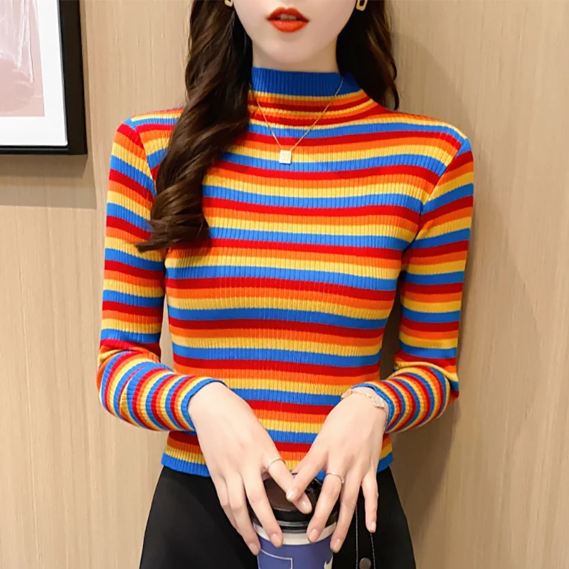 

Sweet Rainbow Striped Sweater Women Fashion 2020 Autumn Bottoming Slim Female Jumper Sexy Short Knitted Tops Long Sleeve Sweater