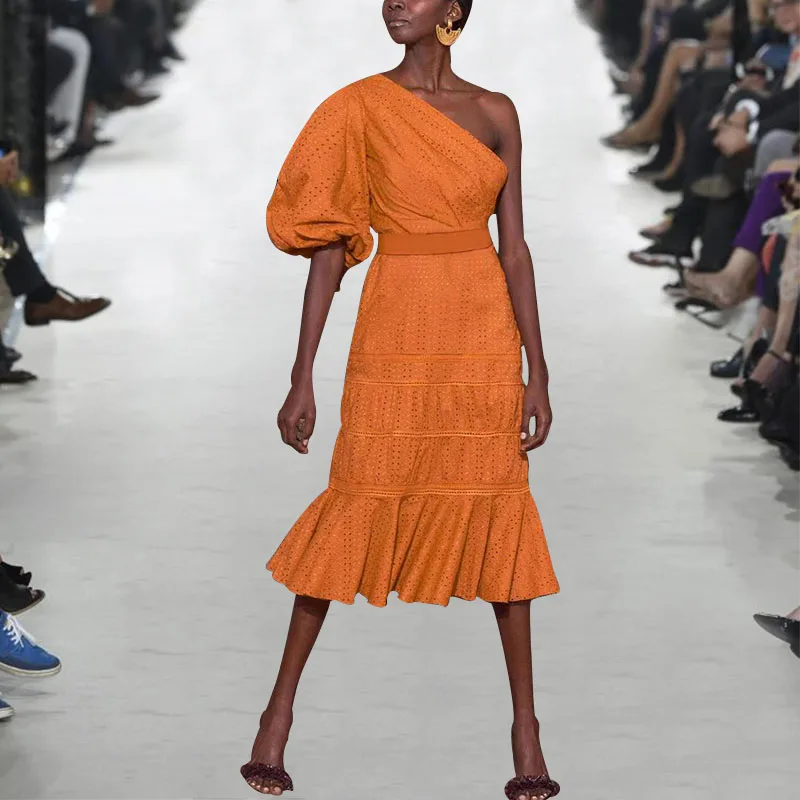 

Summer Sexy One-shoulder Ruffles Hollow Out Women Dress 2019 High Quality Runway Designer Dress Vestidos