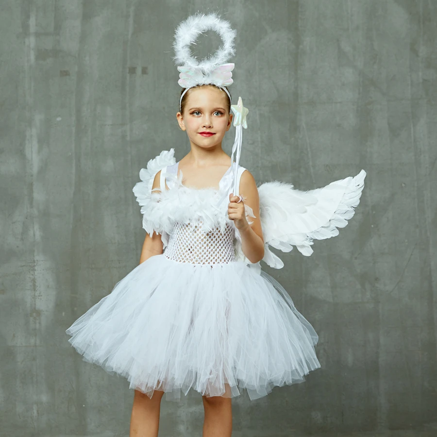 White Angel Girls Feather Tutu Dress Kids Halloween Birthday Party Costume Girl Christmas Nativity Dress with Wings Halo Outfit (12)