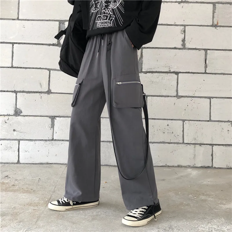 String High Waistband Zip Pocket Ribbon Loose Harem Cargo Jogger Hip Hop Streetwear Punk Track Pant Harajuku Women Man Korean