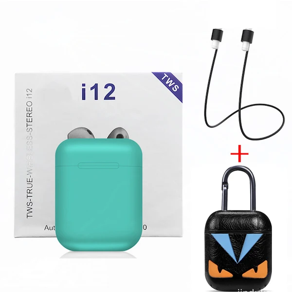 Green - Leather case I12 TWS, оригинальные беспроводные Bluetooth наушники, беспроводные, авто сопряжение, спортивные наушники с наушниками, аксессуары для i7s i10 TWS - Цвет: Green - Leather case