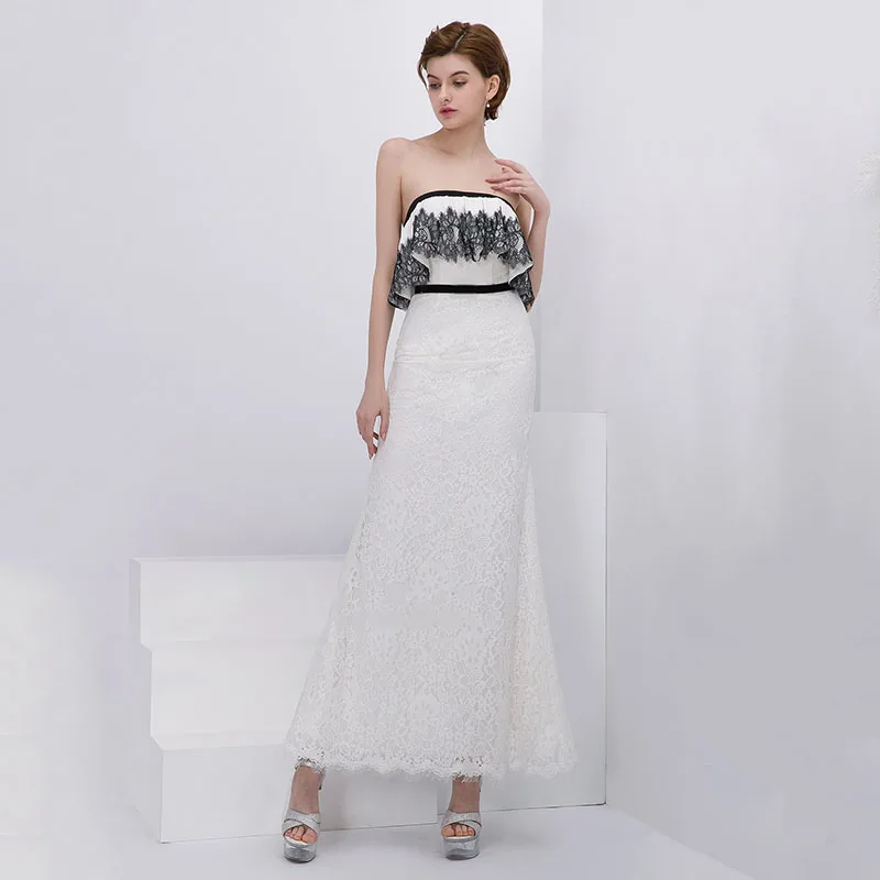 

Evening Dresses Sexy Strapless Lace Mermaid Elegant Prom Gowns Sleeveless Robe De Soiree Ankle Length Formal Party Dress E672