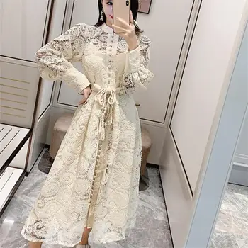 

Women Autumn Hollow Hook Flower Lace Dress Vintage Puff Sleeve Long Dress Lady Stand Collar Tassel A-Line Dress