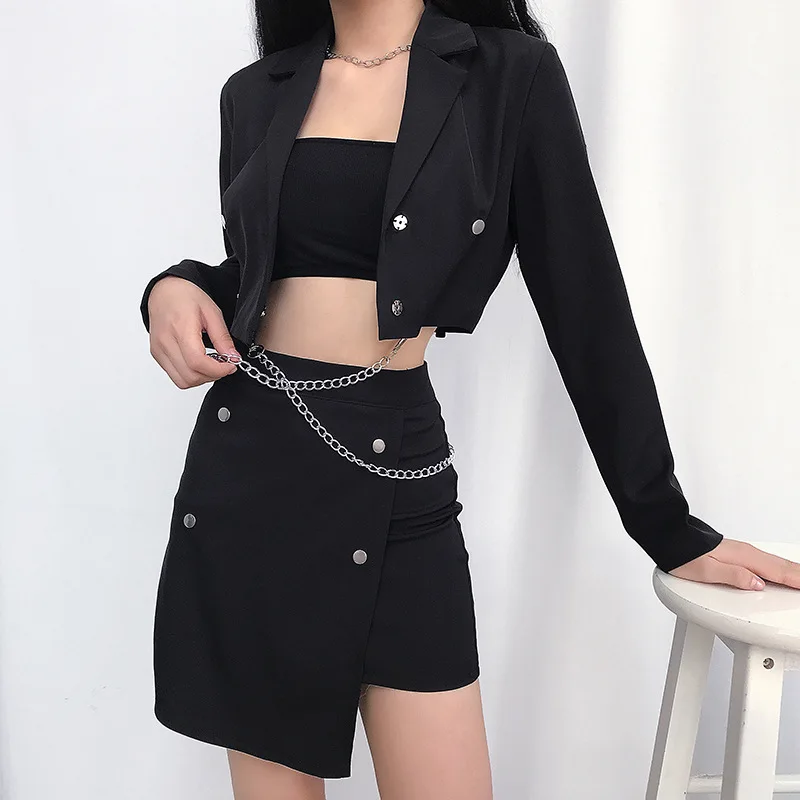 Корейская Высокая талия черная юбка-карандаш Женская Повседневная Панк Сексуальная юбка с разрезом уличная Офисная Женская короткая юбка