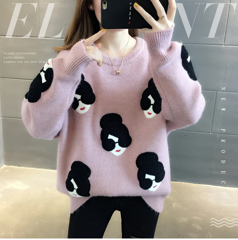Fannic Pull Femme зима осень негабаритных вязаный свитер для женщин фонарь рукав вышивка мультфильм утолщаются пуловеры джемпер