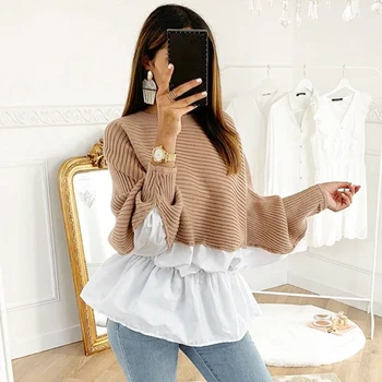 

Foridol korean harajuku Sweater Women Autumn Winter 2019 Knitted Sweaters Jumper Solid patchwork Knitwear Casual Pullovers Femme
