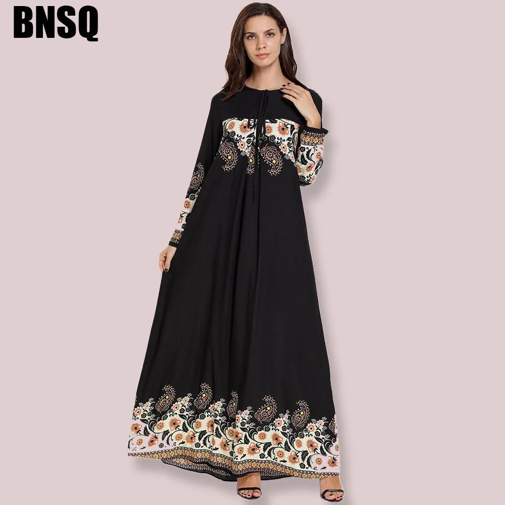 BNSQ Black Printed Round Neck Lace Long Sleeve Mopping Dress Boho Casual Abaya Middle East Ramadan Arab Islamic Clothing - Цвет: BLACK