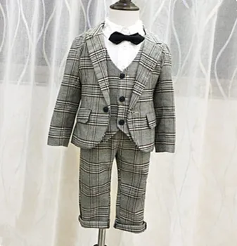

2020 Formal plaid Children Suit Boys Kids clothes Blazer Formal grid cotton sets For Wedding Boys Clothing Blazer+Pants+vest