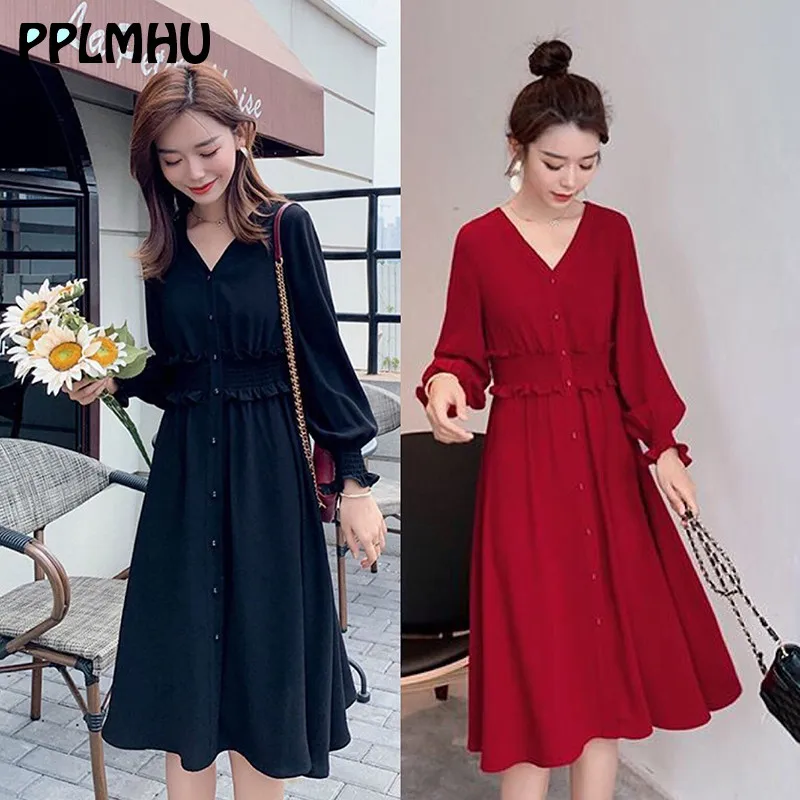 Lady Ruffle Shirt Dress Plus Size M-4xl Casual A-line Slim Waist V-neck Long Sleeve Dress Women Spring Fashion Party Vestitos