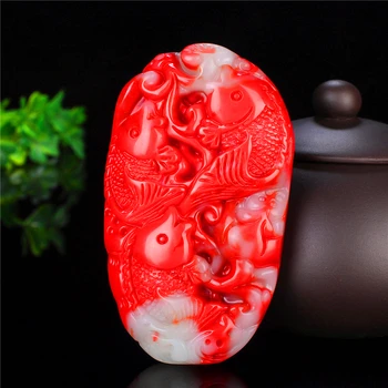 

Natural Red White Jade Carp Pendant Chinese Hand-Carced Necklace Jadeite Fashion Charm Jewellrey Amulet Gifts for Men Women