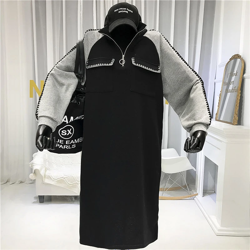 

Winter Sweatshirt Dress 2019 Winter Straight Patchwork Casual Mid-Calf Stand Collar Loose Female Dresses Medium Length