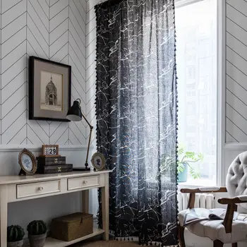 

Curtain Finished Product Black and White with Pattern Marbling Printed mei shi chuang Kitchen Curtain Cotton Linen Semi-Light-Sh