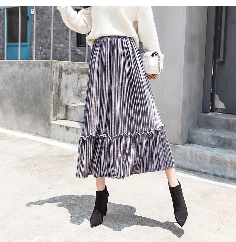 Heydress осень зима корейский стиль Длинная бархатная женская юбка женская плиссированная Повседневная Эластичная Высокая талия женские юбки