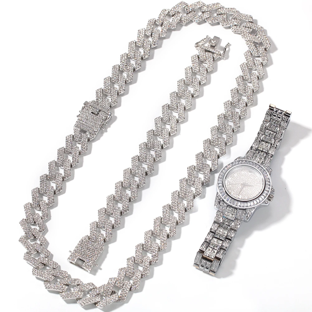 UWIN Watch NE+ BA 20 мм, кубинская цепочка в 3 ряда, полностью покрытая льдом, стразы, ожерелье и браслет и часы, комплект ювелирных изделий в стиле хип-хоп