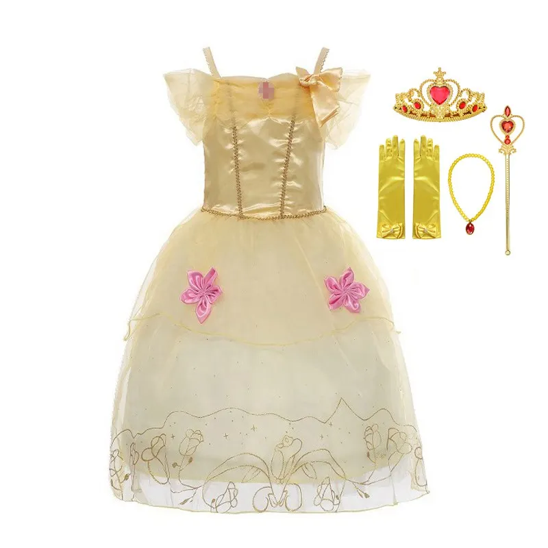

Fantastic Beauty and The Beast Dress For Girl Off Shoulder Yellow Sexy Belle Princess Party Cosplay Costume Kids Party Clothes